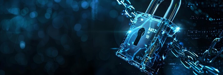 Digital padlock symbol with chain. Futuristic cybersecurity and data protection concept. Business data privacy. Internet network security technology. Banner, header with copy space