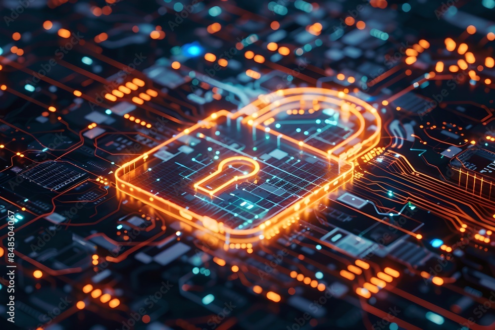 Poster digital padlock symbol with circuit board background. futuristic cybersecurity and data protection c