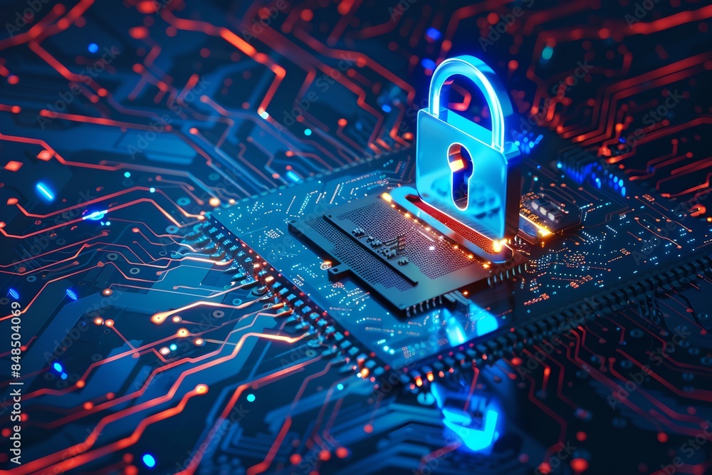 Poster padlock symbol with circuit board background. futuristic cybersecurity and data protection concept. 