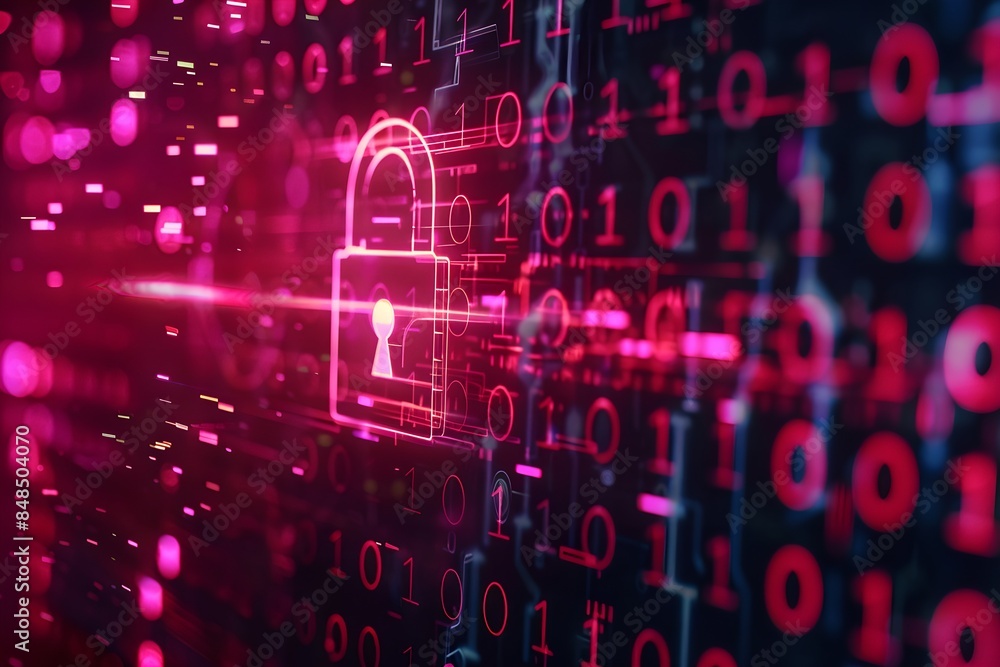 Poster Digital padlock symbol with abstract binary code background. Futuristic cybersecurity and data protection concept. Business data privacy. Internet network security technology
