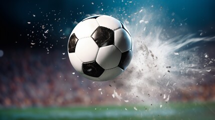 Naklejka premium A soccer ball in mid-air with explosive impact and motion blur