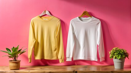 two gorgeous color of white   full sleeve hanging  t shirts front view in old blur wall background