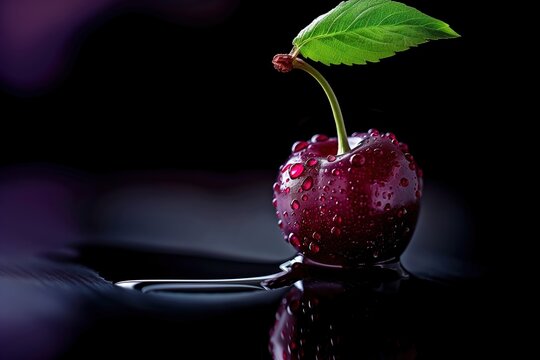 Cherry with Water Droplets on Black Background. Close-up Fresh Cherry Image. - Powered by Adobe