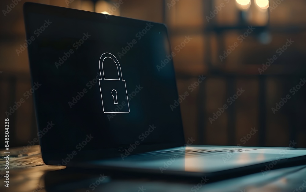 Poster digital padlock symbol on a laptop screen on table. futuristic cybersecurity and data protection con