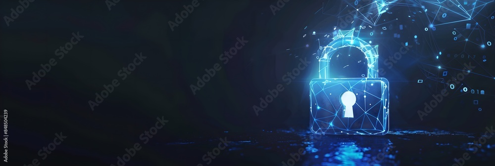 Poster Digital padlock symbol with abstract background. Futuristic cybersecurity and data protection concept. Business data privacy. Internet network security technology. Banner, header with copy space