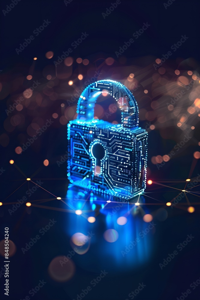 Poster Digital padlock symbol with abstract background. Futuristic cybersecurity and data protection concept. Blockchain and cryptocurrency technology