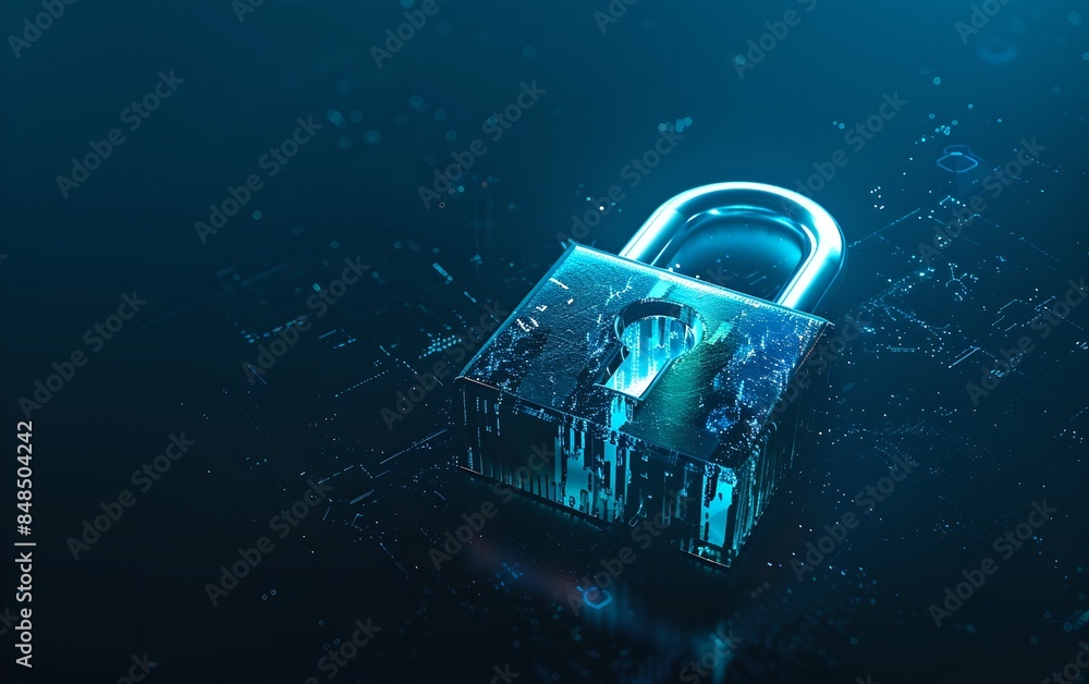 Poster Digital padlock symbol with black background. Futuristic cybersecurity and data protection concept. Business data privacy. Internet network security technology. Banner with copy space