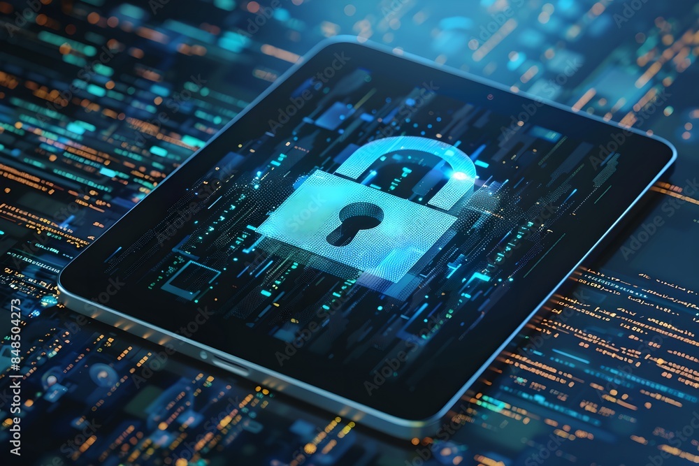 Poster digital padlock symbol on tablet screen on abstract background. futuristic cybersecurity and data pr