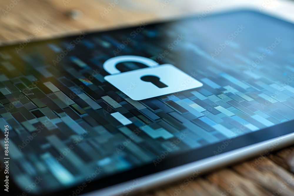 Poster digital padlock symbol on tablet screen on table. futuristic cybersecurity and data protection conce