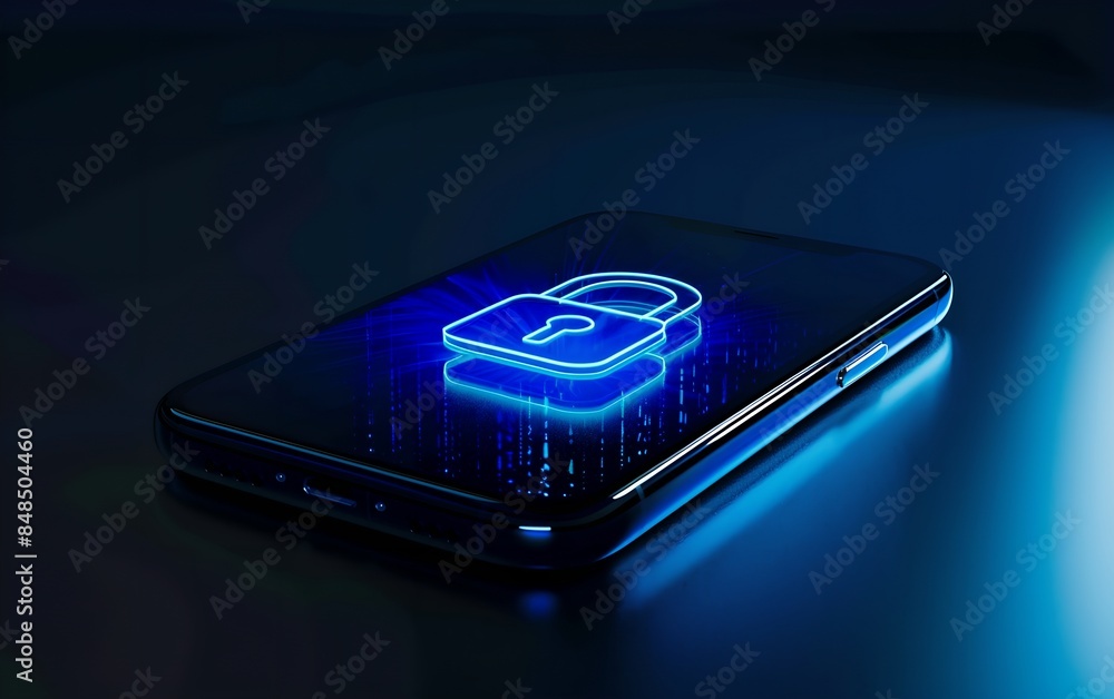 Poster digital padlock symbol on phone screen on black table. futuristic cybersecurity and data protection 