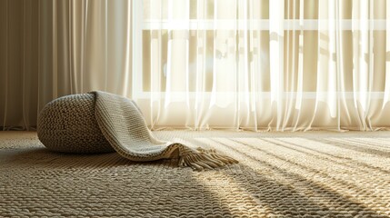 Soft morning light shines through the sheer curtains onto the nubby beige carpet.