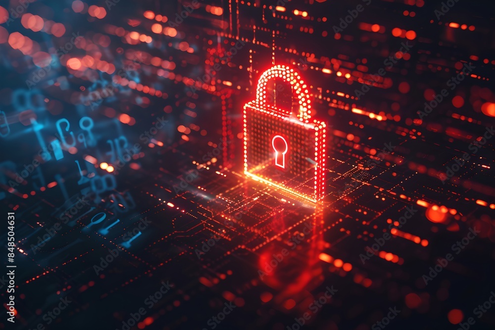 Poster Digital padlock symbol with abstract background. Futuristic cybersecurity and data protection concept. Business data privacy. Internet network security technology. Banner with copy space