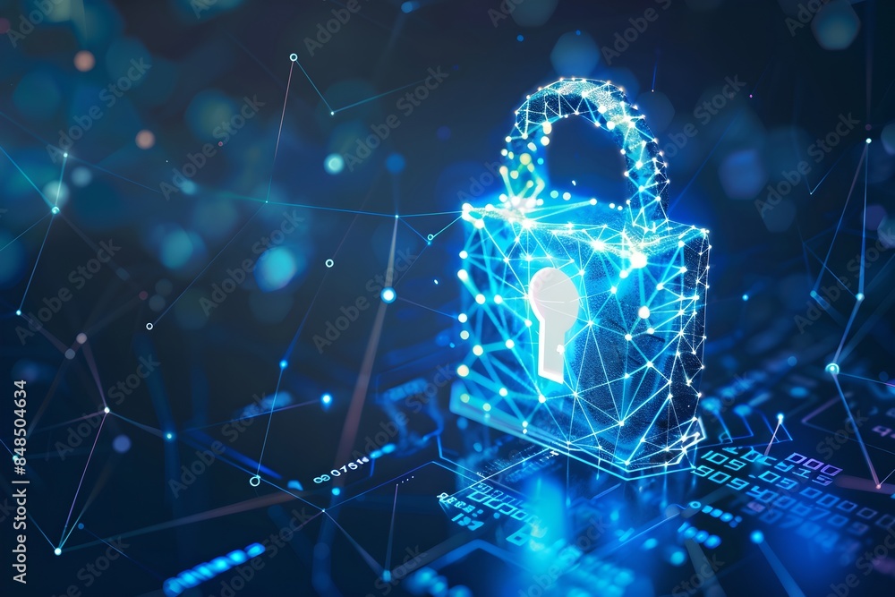 Poster Digital padlock symbol with abstract background. Futuristic cybersecurity and data protection concept. Business data privacy. Internet network security technology. Banner with copy space