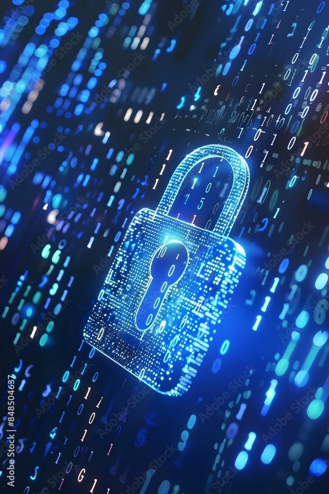 Poster Digital padlock symbol with abstract binary code background. Futuristic cybersecurity and data protection concept. Business data privacy. Internet network security technology