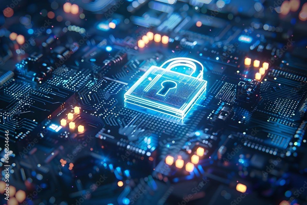 Poster digital padlock symbol with circuit board background. futuristic cybersecurity and data protection c