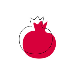 Pomegranate in modern single one line art with abstract red color spot. Fruit logo continuous contour drawing. Farmer market outline icon concept design. Hand drawn flat vector illustration isolated