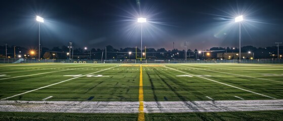 American football field at night, illuminated by bright lights, casting long shadows and creating a vibrant, energetic atmosphere under the dark sky