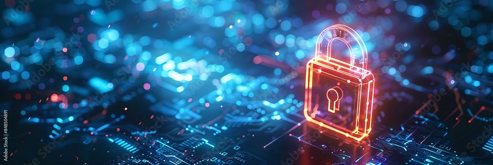 Poster Digital padlock symbol with abstract background. Futuristic cybersecurity and data protection concept. Business data privacy. Internet network security technology. Banner with copy space