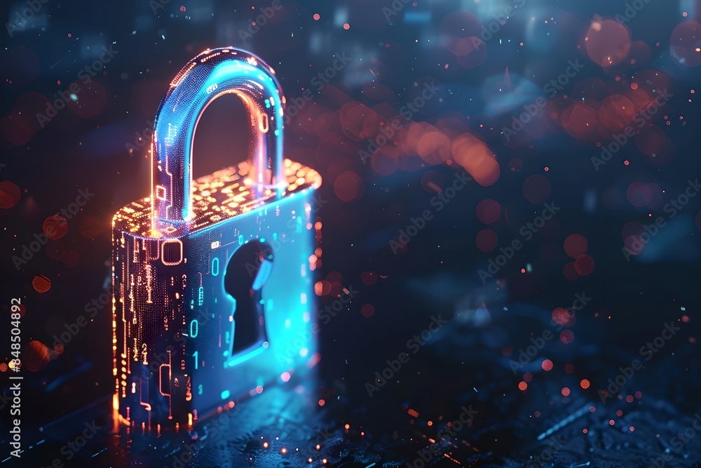 Poster Digital padlock symbol with abstract background. Futuristic cybersecurity and data protection concept. Business data privacy. Internet network security technology. Banner with copy space