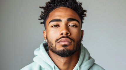 Fototapeta premium A close-up portrait of a man with a serious expression, wearing a light blue hooded sweatshirt