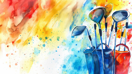 Artistic Golf Clubs With Colorful Blue, Red, Yellow Splattered Background