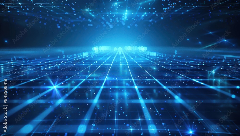 Poster abstract blue glowing background with light grid, mesh or net in dark space for technology concept g