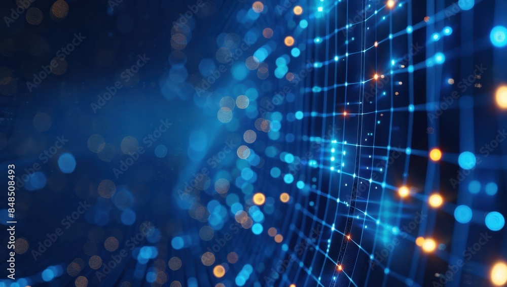 Poster blue background with glowing grid and light effects, creating an abstract digital backdrop for techn