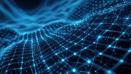 Abstract blue glowing background with light effect and grid pattern Abstract dark blue digital background with glow, lights and lines in the form of an intricate geometric network Generative AI