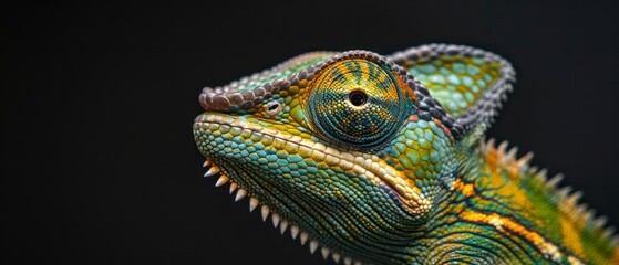 a chameleon, a fascinating reptile known for its camouflage and color-changing ability, looks away with its mesmerizing eyes and intricate scales