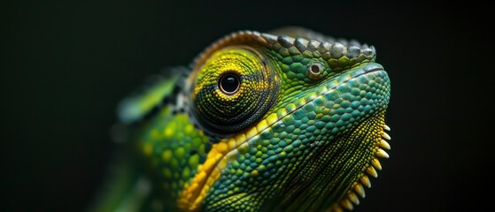 Fototapeta premium a chameleon, a fascinating reptile known for its camouflage and color-changing ability, looks away with its mesmerizing eyes and intricate scales