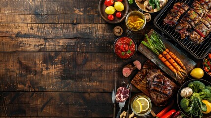 A rectangular wooden table adorned with plates of natural foods and a grill. The setting is perfect for a plantbased cuisine event, where guests can enjoy art, games, and fresh fruit AIG50