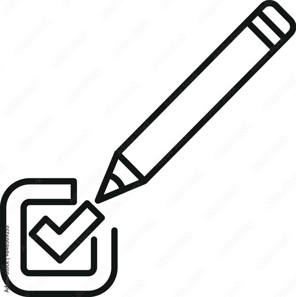Poster simple line art icon of a pencil drawing a check mark in a checkbox, representing the concept of com