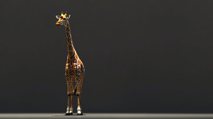 Image of a tall giraffe standing on a dark background. The giraffe is looking at the camera.