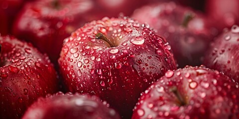 Macro shot of fresh red apples with water drops. Apple banner. Apple background. Close-up food photography.
