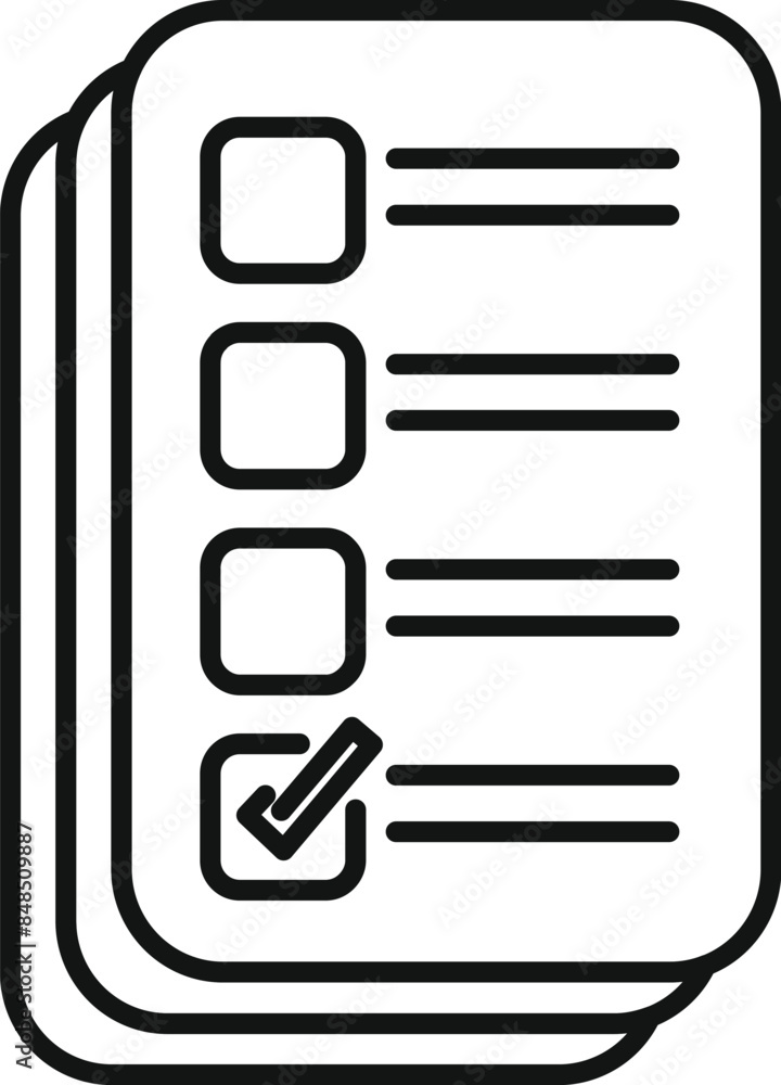 Poster line art icon of a stack of documents with a check mark indicating completion