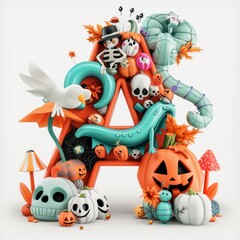 Naklejka premium Halloween letter A with pumpkins and ghost. Autumn Halloween letter A with pumpkins.