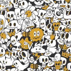 A unique doodle style illustration at the intersection of creepy and cute. The illustration is filled with original characters and thoughtful lines. Vector illustration.