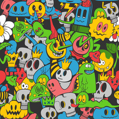 A unique doodle style illustration at the intersection of creepy and cute. The illustration is filled with original characters and thoughtful lines. Vector illustration.