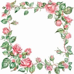 Fototapeta premium Watercolor square frame with pink roses and leaves on a white background 