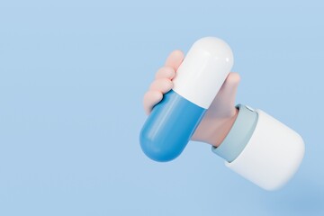 3d Doctor cartoon hand holding with vitamin pill capsule icon isolated on blue background. Hospital doctor equipment medic health care concept. Pharmacy store. Minimal capsule pill icon. 3d render.