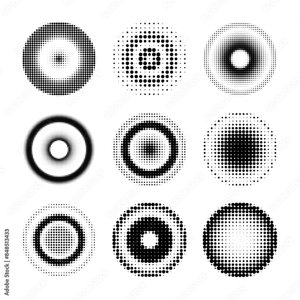 Poster halftones geometric dots gradient and pop art texture. circle halftone. abstract dotted circles