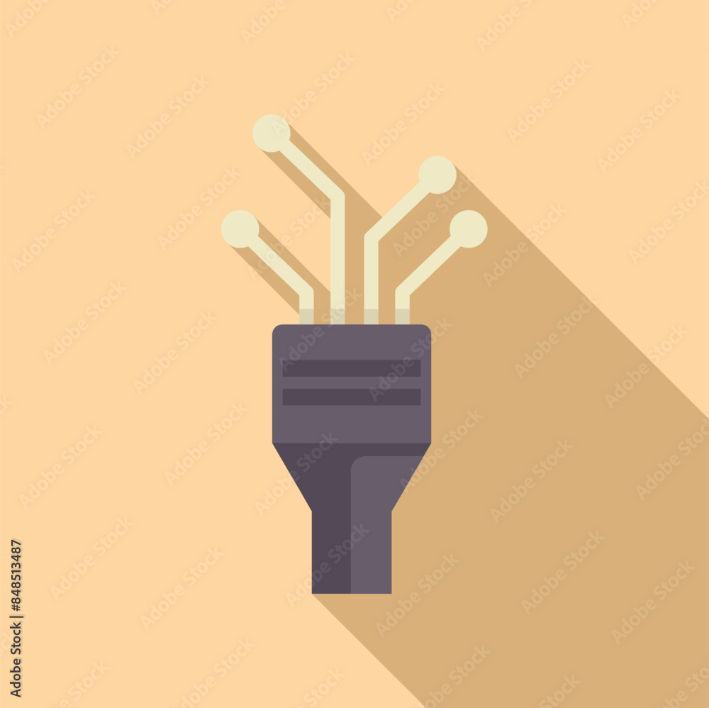 Poster electronic microchip connecting with wires spreading data flow, flat design icon with long shadow