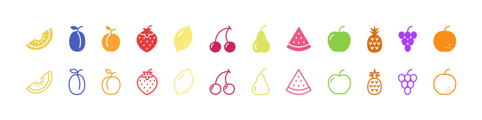 Fruit icon. Set of color fruits in line and flat style. Vector illustration
