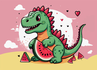Fototapeta premium Vector drawing for children t-shirt. Green cute baby dinosaur raptor in desert with triangular piece of watermelon, heart, cloud on pink background. Design for textile, paper, fabric, clothing.