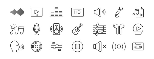 Music icon set. Content music icons. Guitar, play, music note, sound, headphones, mic. Vector
