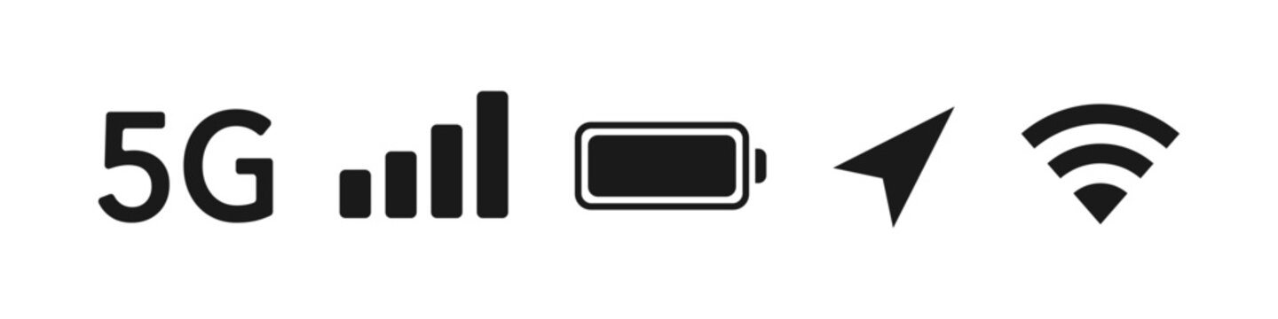 Status bar icon, symbol. Mobile phone signal with 5G, battery, wi-fi. Vector