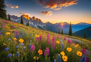 Obraz premium vibrant wildflower meadow distant mountain range view, blossoming, flowering, blooming, meadowy, mountainous, colorful, scenic, picturesque, lush