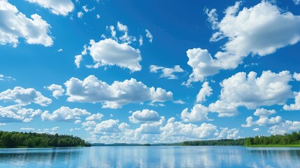 View of the lake against a backdrop of a blue sky and white clouds