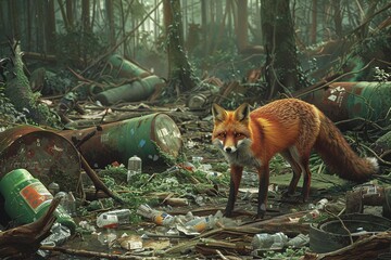 Animal amidst human pollution, highlighting environmental issues. Perfect for themes of conservation, awareness, and wildlife protection.