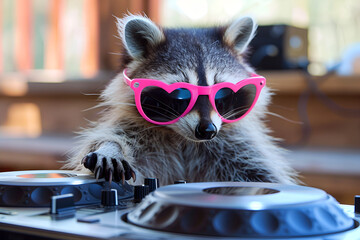 Fun Raccoon in sunglasses djing. Techno party disco or celebration concept